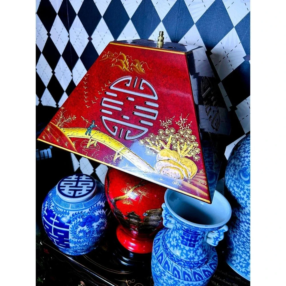Pair Large Chinese Chinoiserie Red Lacquer Lamps Pagoda Shades Hollywood Regency